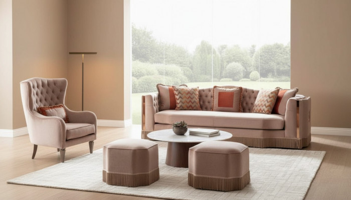 Luxus Wunnzëmmer Schik Sofa 4 Sëtzer Fauteuil mat 2x Hocker Stilvoll Miwwelen