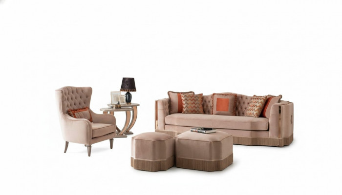 Luxus Wunnzëmmer Schik Sofa 4 Sëtzer Fauteuil mat 2x Hocker Stilvoll Miwwelen