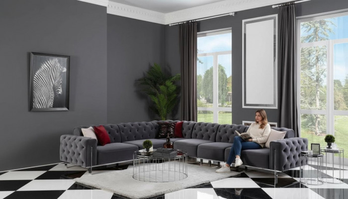 Moderne Ecksofa L-Form Wunnzëmmer Gro Faarf Holz Textil Couchen