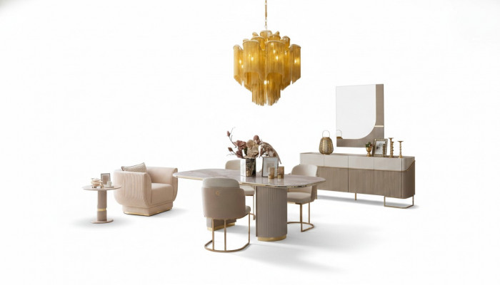 Luxus Design Iesszëmmer Set Iessdësch 4x Still Sideboard Spigel Miwwelen