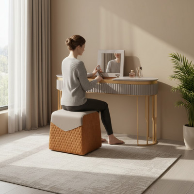 Designer Beigen Toilettendësch, Modernen Holzdësch, Luxus Schlofzëmmer Miwwelen