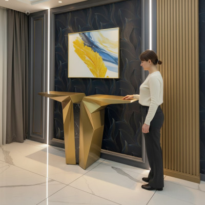 Holz Modern Miwwelen Konsolendësch Gold Dësch Stil Design Konsol Neu.