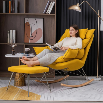 Sesselle mat Hocker Design Luxus Textil Sëtz Garnitur Wunnzëmmer Giel