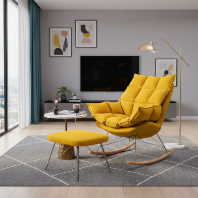 Sesselle mat Hocker Design Luxus Textil Sëtz Garnitur Wunnzëmmer Giel