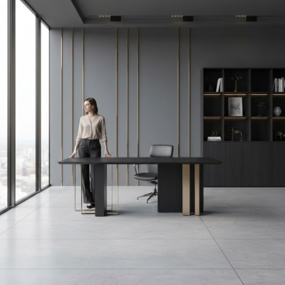 Schwaarzen Iessdësch Rechteckegen Massivholz Edelstahl Designer Dësch