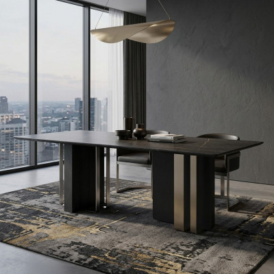 Schwaarzen Iessdësch Rechteckegen Massivholz Edelstahl Designer Dësch