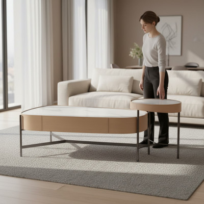 Wunnzëmmer Set 2x Couchtisch Kaffisdësch beige Modern Luxus Edelstahl