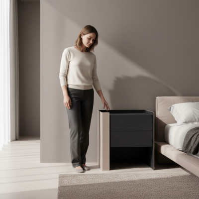 Schwaarzen Nuetsdësch Designer Nuetskompet Schlofzëmmer Holz Miwwelen Nei