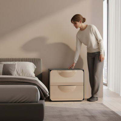 Beige Nuetsdësch 2x Tiräng Schlofkummer Nuetskonsole Holzkonsole