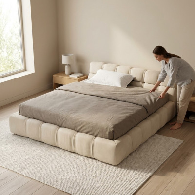 Wäiss beige Bett Schlofzëmmer Better Duebelbetter Schlofbett Textil