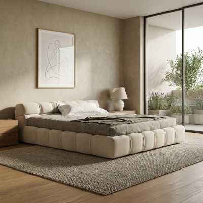 Wäiss beige Bett Schlofzëmmer Better Duebelbetter Schlofbett Textil