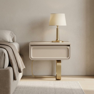 Beige Nuetsdësch Schlofzëmmer Niewendësch Edelstahl Holzdësch Modern