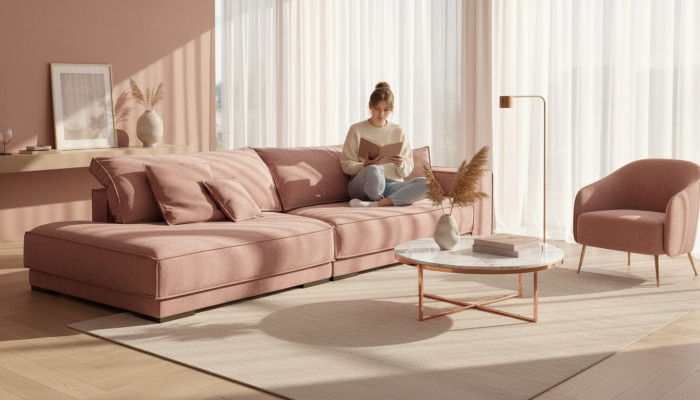 Rosa grouss Sofa Canapé xxl Stoffcouch Wunnzëmmer Canapéen 3-Sëtzer Miwwele