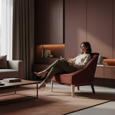 Rouden Designer Fauteuil Holzstillen Stoffsëtz Eenzelstull Wunnzëmmer Miwwelen