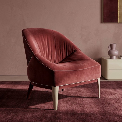 Rouden Designer Fauteuil Holzstillen Stoffsëtz Eenzelstull Wunnzëmmer Miwwelen