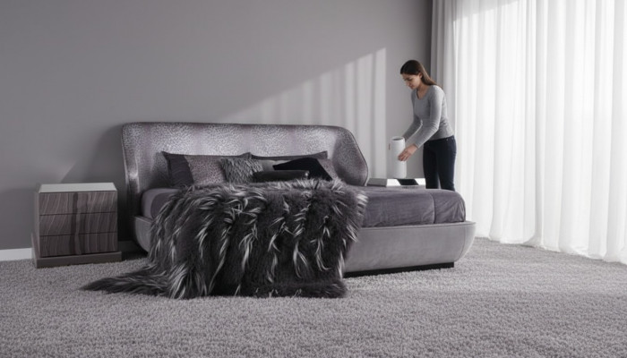 Graut Schlofzëmmer Set Bett 2x Nuetsdëscher Designer Duebelbett Holz 3tlg