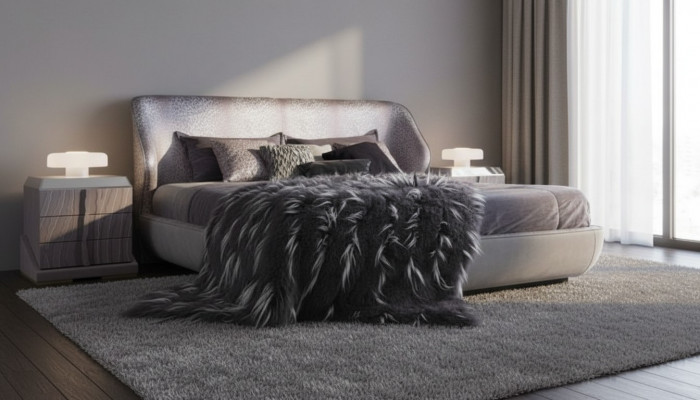 Graut Schlofzëmmer Set Bett 2x Nuetsdëscher Designer Duebelbett Holz 3tlg