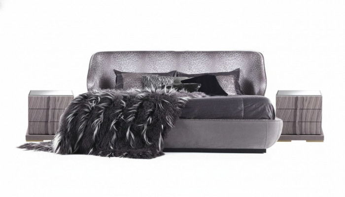 Graut Schlofzëmmer Set Bett 2x Nuetsdëscher Designer Duebelbett Holz 3tlg