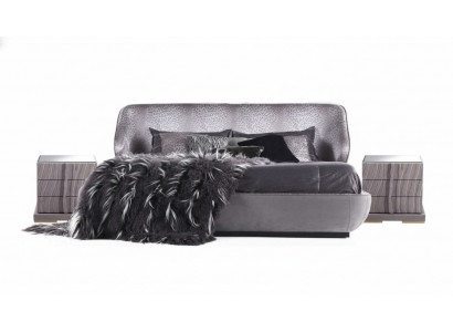 Graut Schlofzëmmer Set Bett 2x Nuetsdëscher Designer Duebelbett Holz 3tlg
