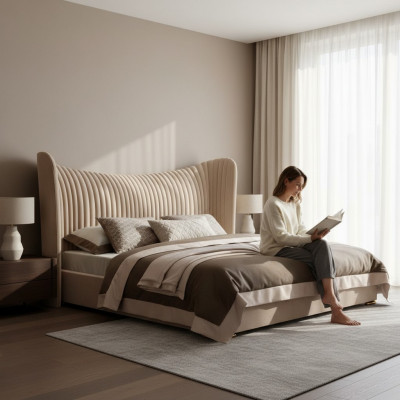 Béiges Duebelbett Designer Holz Better Bettgesteller Schlofzëmmer Miwwelen Bett