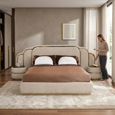 Beige Schlofkummer Miwwelen Bett 2x Nuetsdësch Holz Garnitur Luxus Set 3tlg