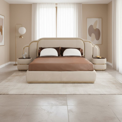 Beige Schlofkummer Miwwelen Bett 2x Nuetsdësch Holz Garnitur Luxus Set 3tlg