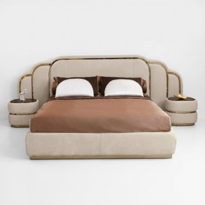 Beige Schlofkummer Miwwelen Bett 2x Nuetsdësch Holz Garnitur Luxus Set 3tlg