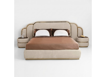 Beige Schlofkummer Miwwelen Bett 2x Nuetsdësch Holz Garnitur Luxus Set 3tlg
