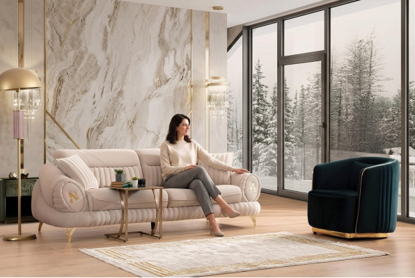 Canapé 3 Plazen mat Sessel Wäiss Elegantes Modern Luxus Design Miwwelen