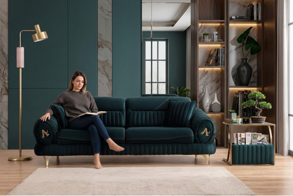 Gréng Dräisëtzer Luxus Couch Modernen Holzdesign Wunnzëmmermiwwelen nei