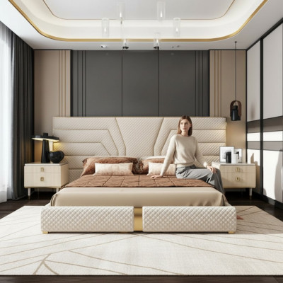 Schlofzëmmer Modern Holz Stoff Better Bett Polsterbett Luxus Duebelbett