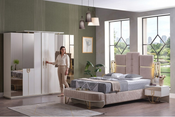 Luxus-Schlofzëmmer-Set 5 Stécker, Bett, 2x Nuetsdëscher, Kleederschaf, Bank, Modern.