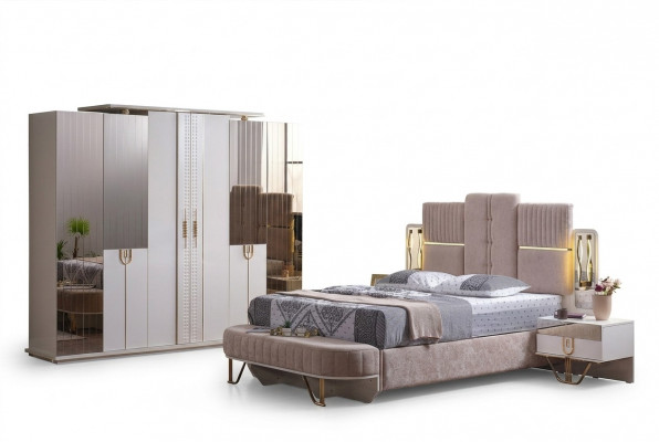 Luxus-Schlofzëmmer-Set 5 Stécker, Bett, 2x Nuetsdëscher, Kleederschaf, Bank, Modern.
