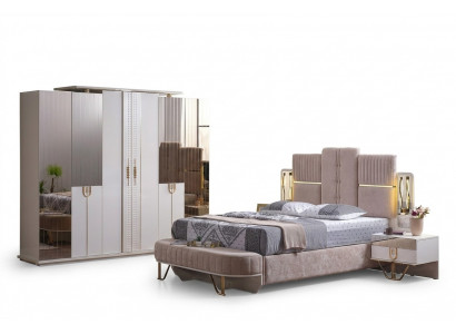 Luxus-Schlofzëmmer-Set 5 Stécker, Bett, 2x Nuetsdëscher, Kleederschaf, Bank, Modern.