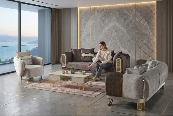 Sofagarnitur 3+3+1 Sëtzer Stuff Set Komplett Stoff Sofa Fauteuil Holz