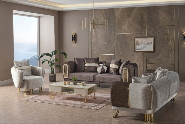Sofagarnitur 3+3+1 Sëtzer Stuff Set Komplett Stoff Sofa Fauteuil Holz
