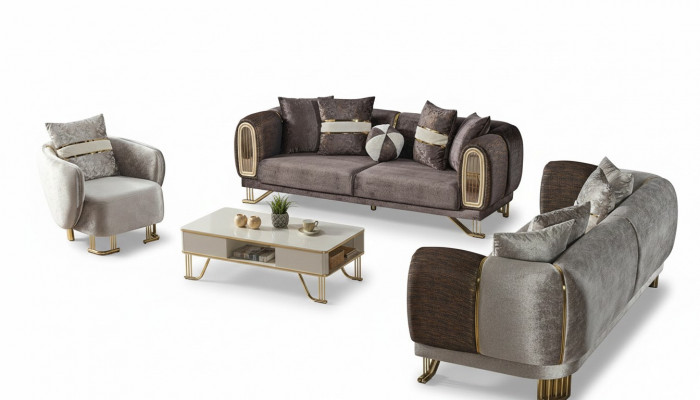 Sofagarnitur 3+3+1 Sëtzer Stuff Set Komplett Stoff Sofa Fauteuil Holz