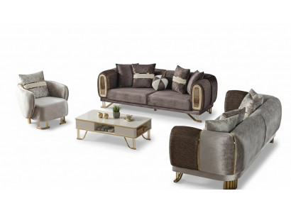 Sofagarnitur 3+3+1 Sëtzer Stuff Set Komplett Stoff Sofa Fauteuil Holz
