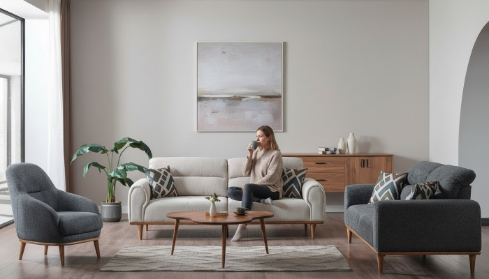 Canapé-Set 3+3+1 Sëtzer Wunnzëmmer Set Komplett Textil Holz Sofa Fotell Nei