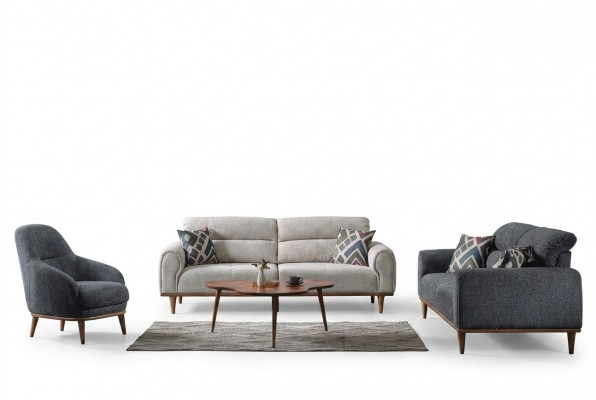 Canapé-Set 3+3+1 Sëtzer Wunnzëmmer Set Komplett Textil Holz Sofa Fotell Nei