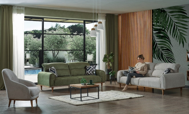 Sofa Garnitur 3+1+1 Sëtz Wunnzëmmer Set Komplett Textil Sofa Fauteuil Holz Nei