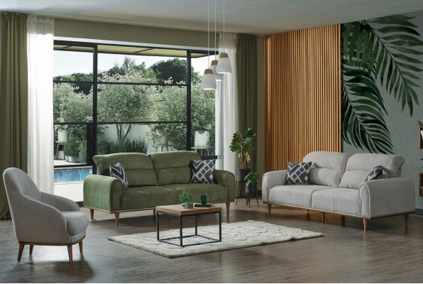 Sofa Garnitur 3+1+1 Sëtz Wunnzëmmer Set Komplett Textil Sofa Fauteuil Holz Nei