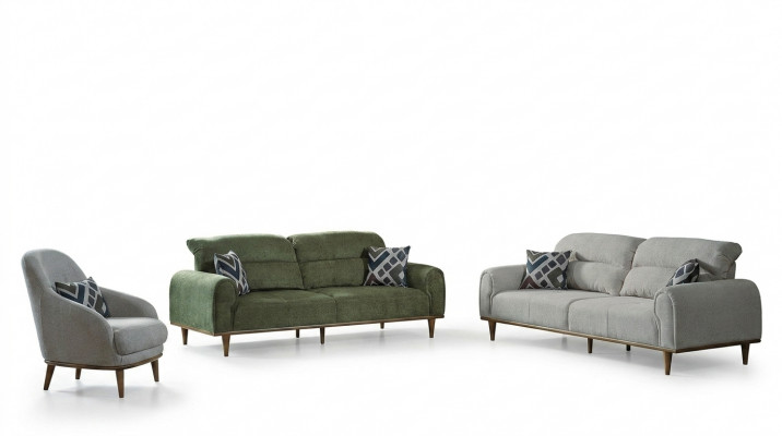 Sofa Garnitur 3+1+1 Sëtz Wunnzëmmer Set Komplett Textil Sofa Fauteuil Holz Nei