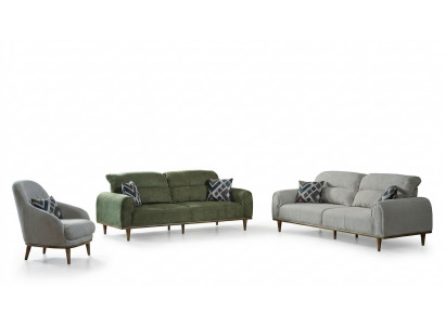 Sofa Garnitur 3+1+1 Sëtz Wunnzëmmer Set Komplett Textil Sofa Fauteuil Holz Nei