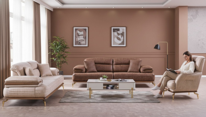 Miwwelen Wunnzëmmer Set 3+3+1 Sëtzplazen Sofa-Garnitur 2x Sofas Fauteuil Braun