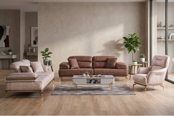 Miwwelen Wunnzëmmer Set 3+3+1 Sëtzplazen Sofa-Garnitur 2x Sofas Fauteuil Braun