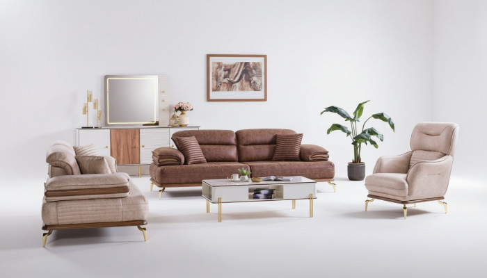 Miwwelen Wunnzëmmer Set 3+3+1 Sëtzplazen Sofa-Garnitur 2x Sofas Fauteuil Braun
