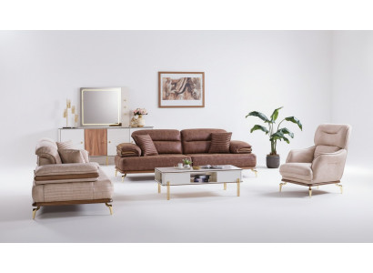 Miwwelen Wunnzëmmer Set 3+3+1 Sëtzplazen Sofa-Garnitur 2x Sofas Fauteuil Braun