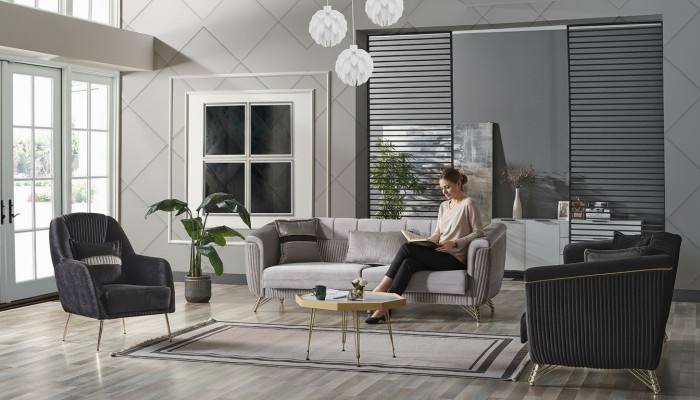 Sofagarnitur 3+3+1 Sëtzer Textil Holz Sofa 3 Sëtzer Modern Fauteuil Komplett Set Eu