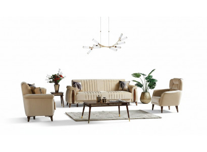 Sofagarnitur 3+3+1 Sëtzer Wunnzëmmer Set Komplett Textil Sofa Fotell Holz Beige